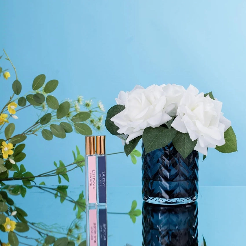 Côte Noire | Fleurs dans vase à chevrons - Bleu