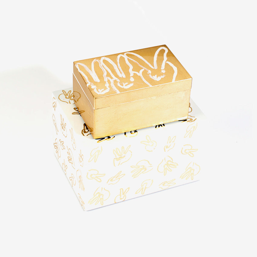 Hunt Slonem | Ensemble de coffrets Bunny Stack en feuille d’or et laque