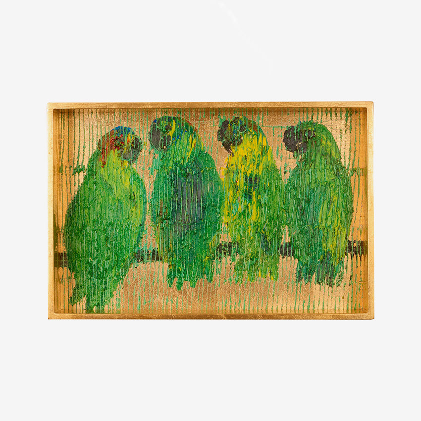 Hunt Slonem | Plateau de coiffeuse Parrot Quartet en feuille d’or