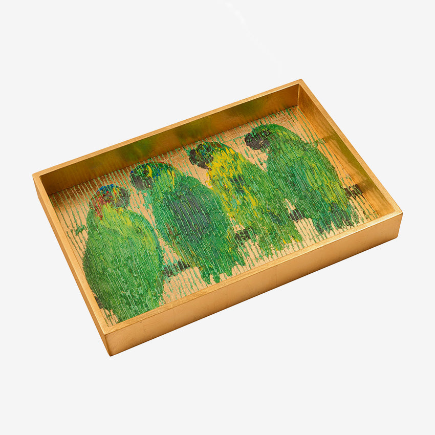 Hunt Slonem | Plateau de coiffeuse Parrot Quartet en feuille d’or