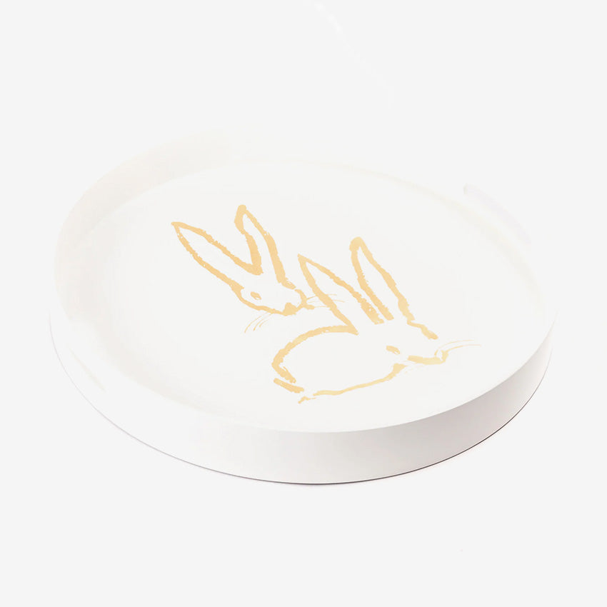 Hunt Slonem | Plateau laqué Royal Rabbits en feuille d’or