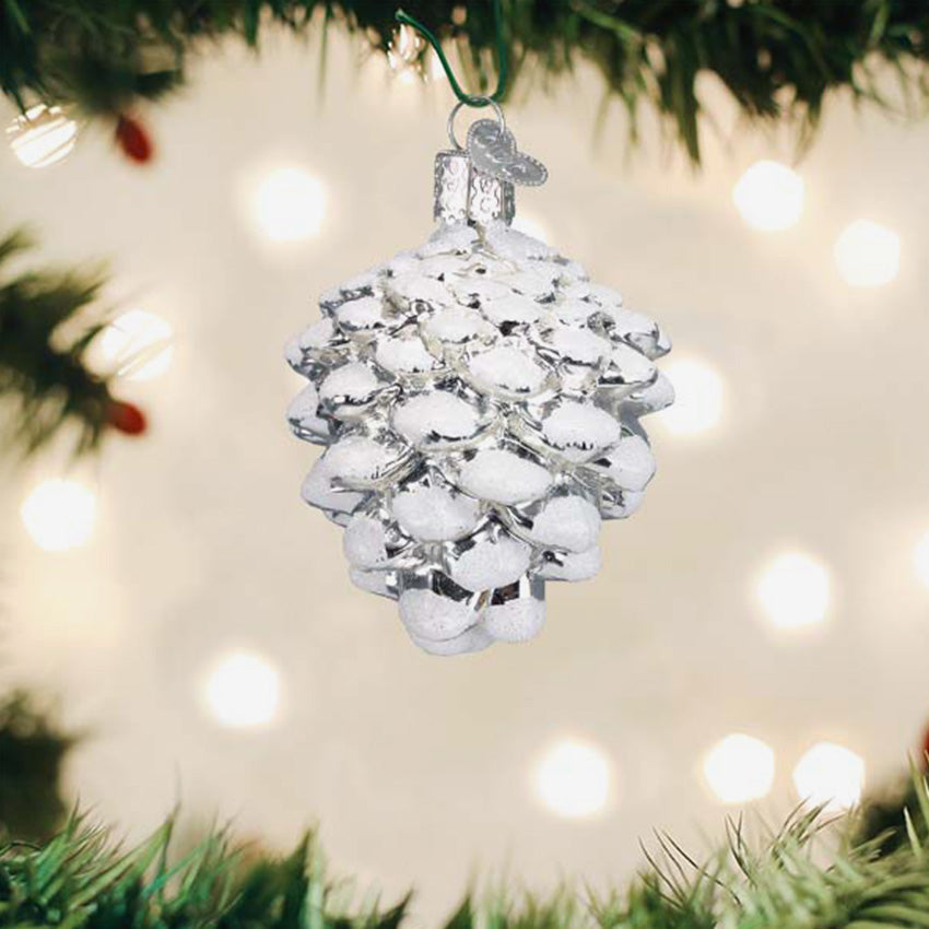 Old World Christmas | Blown Glass Ornament - Snow-Capped Silver Snowy Cone