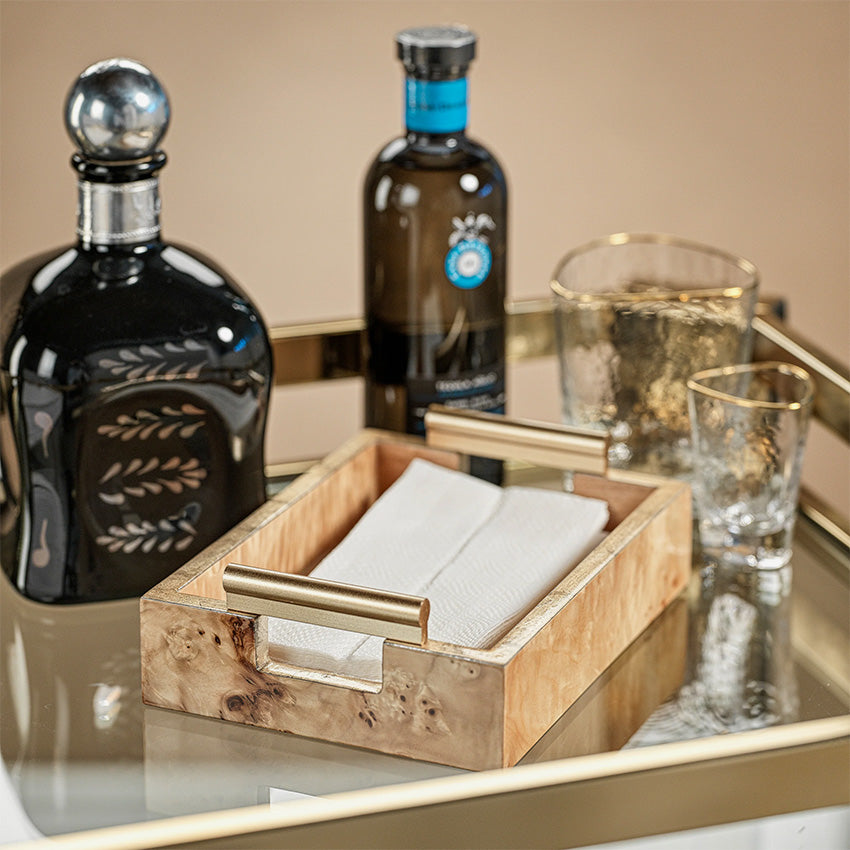 Zodax | Plateau rectangulaire en bois de ronce avec poignées dorées Leiden